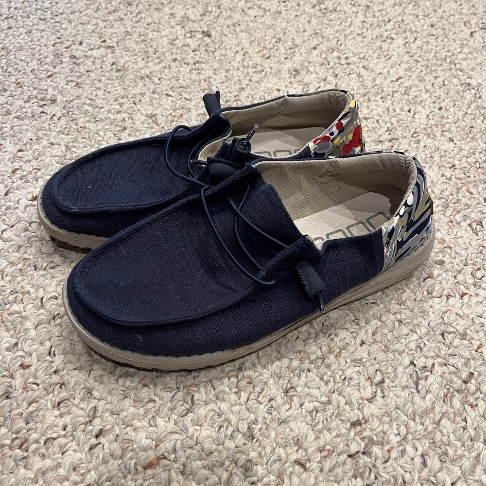 Hey Dude Wendy Funk Slip on Sneakers 8 Navy Chambray Casual Lightweight Comfort